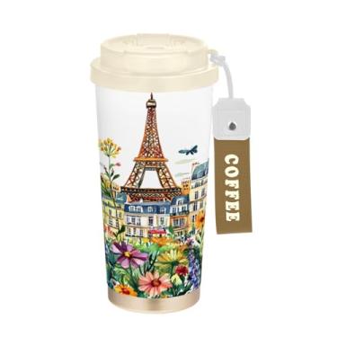 Imagem de STAYTOP Caneca de café com isolamento térmico Torre Eiffel e flores de 500 ml, copo de café de aço inoxidável reutilizável com tampa flip à prova de vazamento para escritório, escola, festa