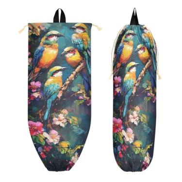 Imagem de xigua Pássaros coloridos suporte de saco plástico suporte de parede com cordão 1 pacote, organizador de saco de mercearia reutilizável decoração para bolsas, meias, roupas íntimas e gravatas