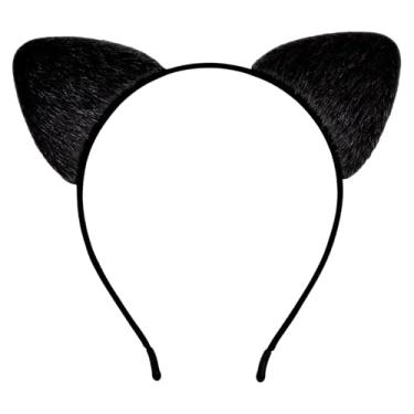 Imagem de HoveBeaty Orelhas de gato pretas, tiara de orelhas de gato, orelhas de gato macias, acessórios de cabelo para baile de máscaras de cosplay de Halloween (preto A)