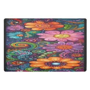 Imagem de Qilmy Lindas flores étnicas retrô capachos ao ar livre 81 x 50 cm, tapete de boas-vindas interno, tapetes de banho fofos, capacho frontal antiderrapante para entrada, pátio, áreas de alto tráfego 164