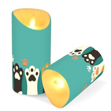 Imagem de Blueangle Pacote com 2 velas sem chamas de patas de gato fofas com controle remoto e temporizador, velas LED cintilantes (7,6 cm x 9,9 cm) para decoração de casa, casamento, acampamento (848)