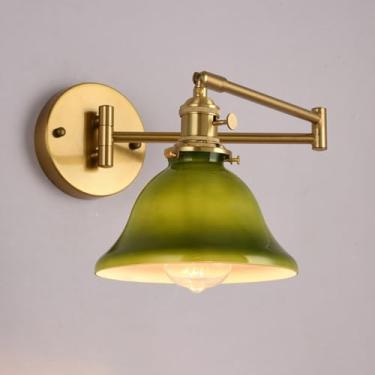 Imagem de Arandela de parede vintage industrial com braço articulado em vidro verde, ajustável em 350°, com fiação rígida e soquete E27, ideal para banheiro, cozinha e quarto (pequena).