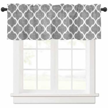 Imagem de Cortina curta para janela padrão marrocos em linho cinza varão bolso cortinas de cozinha sanefas retrô estilo geométrico minimalista tratamento de janelas para quarto sala de estar banheiro 152 x 45
