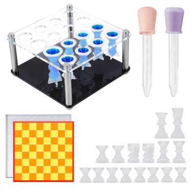 Imagem de Molde de jogo de xadrez de resina com 1 pacote de suporte de peça de xadrez, 16 peças de moldes de xadrez de silicone 3D tamanho completo, 1 molde de tabuleiro de xadrez para fundição de resina epóxi