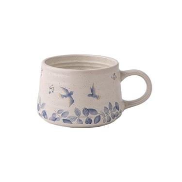 Imagem de QIXCOZTI Caneca grande de café com leite de cerâmica, copo bonito para mulheres, ideal para chá verde ou café, caneca de cerâmica com design floral pintada à mão (andorinha)