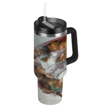 Imagem de Joisal Copos com tampas e canudo Michelangelo Criação de Adam copo de 850 g com alça garrafa de água a vácuo isolada carros de aço inoxidável caneca de café bebida quente