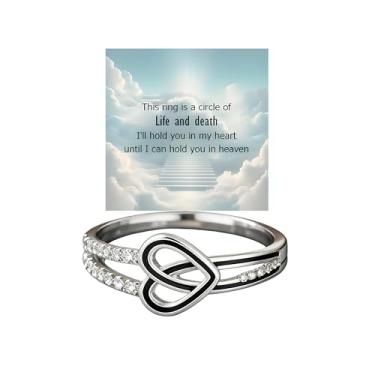 Imagem de For Memorial - Life & Death Half Black Heart Ring, aço inoxidável coração esmaltado anel para mulheres anel prata empilhável joias amizade melhores amigos, Large, Aço inoxidável, Sem pedra preciosa