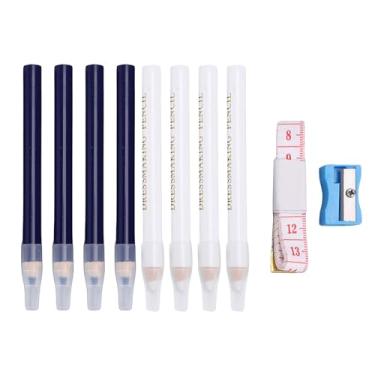 Imagem de Haofy Lápis de Marcação de Tecido Solúvel Em água de 8 Peças, Design Ergonômico Azul e Branco Com Apontador e Fita Métrica, para Costura, Artesanato, Bordado, Acolchoado