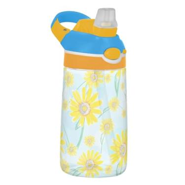 Imagem de Garrafa de água infantil de 473 ml, reutilizável, 473 ml, garrafa de água de plástico Tritan com canudo à prova de vazamento, copos de viagem para crianças, alça de transporte, desenho de flores