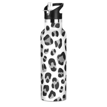 Imagem de Joisal Garrafa de água preta cinza e branca com estampa de leopardo para meninas, meninos, garrafas de água de aço inoxidável à prova de vazamento, copos infantis isolados com tampa de canudo para