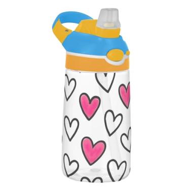 Imagem de Garrafa de água infantil White Pink Hearts para escola, 473 ml Tritan 473 ml Garrafa de água esportiva com canudo, copo infantil à prova de vazamento, reutilizável, alça de transporte