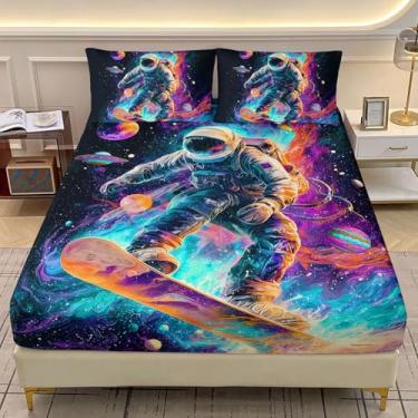 Imagem de AILONEN Jogo de lençol casal infantil astronauta, astronauta surfando no espaço sideral, planeta foguete, lençol com elástico com 2 fronhas, 3 peças