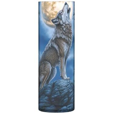 Imagem de Vaso cilíndrico azul lua uivando lobo para flores decorativo personalizado vaso de flores redondo bonito impressão quarto decoração de casa, 30 cm x 9,9 cm