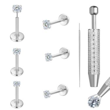 Imagem de VOJO 3 pares de brincos de moissanita e titânio, 20 g de labret sem rosca para mulheres, piercing de nariz de cartilagem Tragus, brincos hipoalergênicos, samll, Titânio, Moissanita