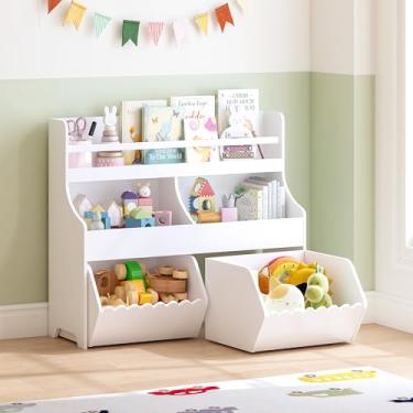 Imagem de Spirich Organizador de armazenamento de brinquedos infantil com estante, armário de armazenamento de brinquedos de 3 níveis, prateleira de brinquedo com 2 caixas de armazenamento de brinquedos móveis