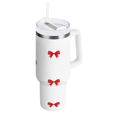 Imagem de Blueangle Copo isolado Red Bows de 1,134 g com alça e tampa de palha, caneca de viagem reutilizável de aço inoxidável (788)
