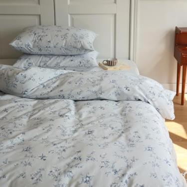 Imagem de Capa de edredom tamanho solteiro, vintage, azul, floral, boêmio, coquete, leve, algodão, flor, capa de edredom com estampa estética, boho, casa de fazenda, capa de edredom solteiro