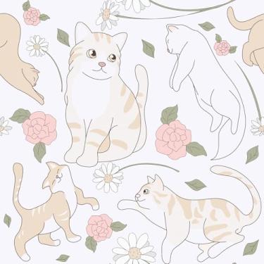 Imagem de FANCYEASY Papel de parede de gato descasque e cole rosa floral bege papel de parede animal para quarto de meninas berçário autoadesivo removível à prova d'água bonito papel de contato para armários