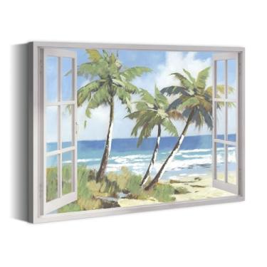 Imagem de summer melody Arte de parede em tela de palmeira - Imagem de praia serena arte de janela tropical costeira pintura ondas do oceano para sala de estar quarto