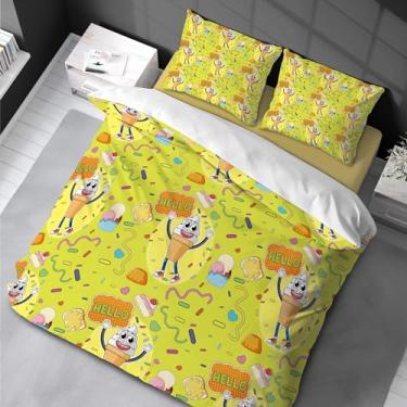 Imagem de Conjunto de capa de edredom sorvete amarelo desenho animado sobremesas cremosas conjunto de cama decorativo de 3 peças conjunto de capa de edredom com estampa colorida de alimentos 220 x 240 cm -50 x