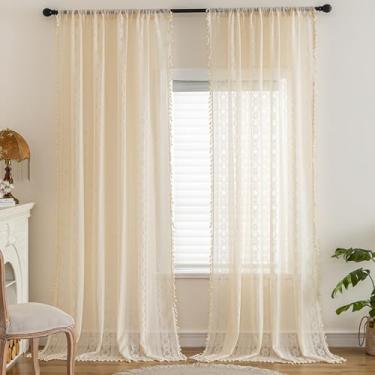 Imagem de Huierxun Cortinas transparentes vintage de renda bege 2 painéis de 2 painéis, cortina de janela bordada floral extralonga com borlas para sala de estar e quarto, cortinas de painel de bolso para varão