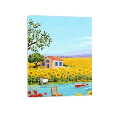 Imagem de Pôster paisagem - Rio Campo Girassol - Impressões em Tela - Imagem Moderna Natureza para Sala de Estar Decoração 30x40cm Tela Embrulhada
