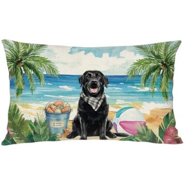 Imagem de YINENA Capa de almofada lombar para cachorro labrador preto verão 30,5 x 50,8 cm praia costeira decoração para sofá