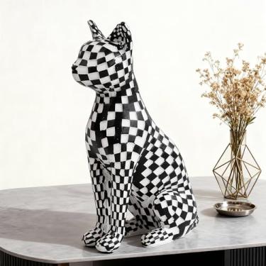 Imagem de ASLASL Estátua de gato quadriculado preto e branco, decorações de mesa de arte de sala de estar, decoração moderna feita à mão, ornamento de estátua de animal, coleção moderna, presente de gato (preto