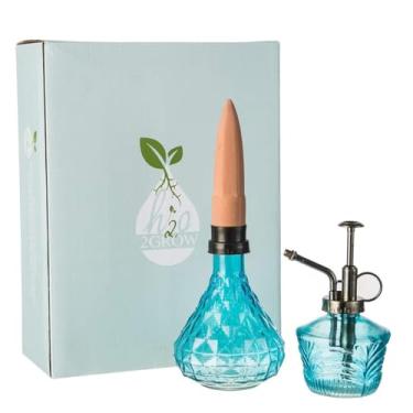 Imagem de Mini garrafa de água para irrigação de vidro com vaso de flor de gotejamento automático, espigão de terracota, conjunto de presente para irrigação de plantas Azul