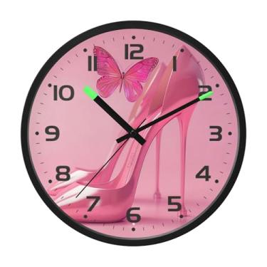 Imagem de SEHANY Relógio de parede de salto alto rosa moderno, silencioso, sem tique-taque, operado por bateria, controle de som, luz noturna, relógios de parede para sala de estar, cozinha, quarto, escritório