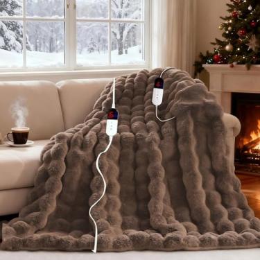 Imagem de AEPINBH Cobertor elétrico, cobertor macio de pele de coelho sintético aquecido com bolhas com controle duplo, 6 níveis de aquecimento e 10 horas de desligamento automático, lavável na máquina