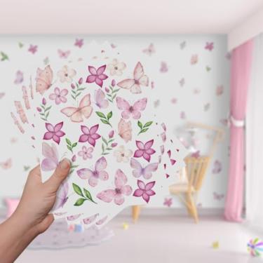 Imagem de Adesivo de Parede Borboletas Lilás Decorativo Floral para Quarto Infantil Feminino Sala (Borboletas Flores Rosa - AD122,30 Adesivos)