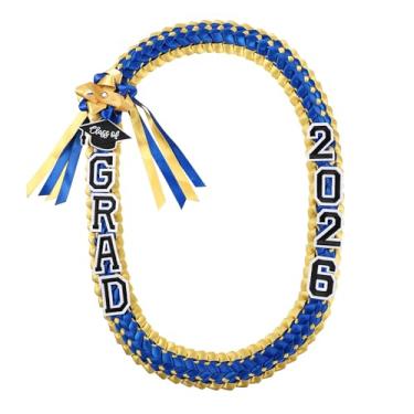 Imagem de Ftyfty Graduação Leis Class of 2025 Grad Handmade Ribbon Lei Colar de fita trançada dupla com letras graduadas, 129 cm (1, azul royal e dourado)