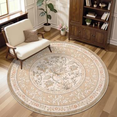 Imagem de GarveeHome Tapete redondo marrom rosado botânico de 1,5 m, pequeno círculo, vintage, cottagecore, macio, antiderrapante, lavável, para sala de estar, quarto, berçário, cozinha, tapete retrô