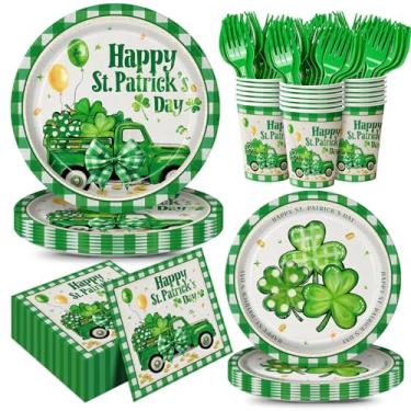 Imagem de 120 peças de pratos de dia de São Patrício, guardanapos, suprimentos de festa, copos de papel, garfos verdes, descartáveis, conjunto de utensílios de mesa do dia de São Patrício, decorações de festa