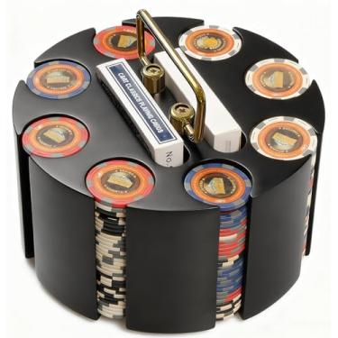 Imagem de INLETTER Caixa de fichas de pôquer de carrossel de madeira, suporte de portador de fichas de pôquer - comporta 200 peças de fichas e 2 baralhos de cartas de baralho para suprimentos de festa de