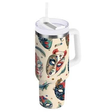 Imagem de Blueangle Copo isolado com padrão de máscaras de carnaval de 850 g com alça e tampa de palha, caneca de viagem reutilizável de aço inoxidável (6)