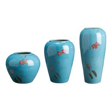 Imagem de Vaso de cerâmica de flor de ameixa azul retrô moderno, conjunto de três peças, mesa de arranjo de flores pintadas, decoração floral, vaso de cerâmica de porcelana chinesa, centros de mesa