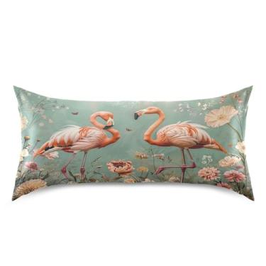 Imagem de xigua Fronha de cetim flamingos com pintura a óleo para cabelo e pele, lavável à máquina, antiderrapante, refrescante, travesseiro, cama king size com fecho de envelope, 50,8 cm x 101,6 cm