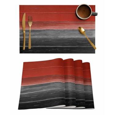 Imagem de Jogo americano conjunto de 6, jogo americano vermelho cinza preto, tapetes de linho para cozinha/mesas de jantar, tapetes de mesa laváveis de grão de madeira gradiente vintage country para festa