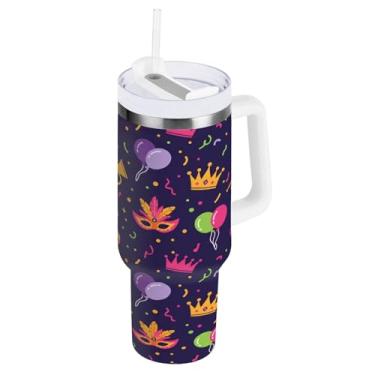Imagem de Blueangle Copo isolado carnaval carnaval 1,134 g com alça e tampa de palha, caneca de viagem reutilizável de aço inoxidável (563)