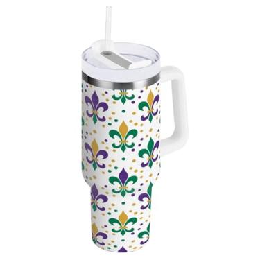 Imagem de Blueangle Copo isolado para Mardi Gras de 1,134 g com alça e tampa de palha, caneca de viagem reutilizável de aço inoxidável (446)