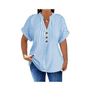 Imagem de Blusa Feminina plus Size Com Decote Em V, Botões, Manga Morcego, Listr