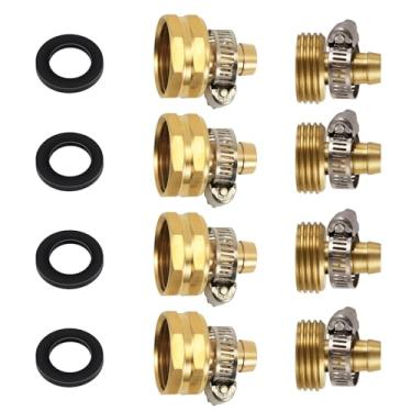 Imagem de 4 conjuntos de kits de reparo de mangueira de jardim de 1/5.1 cm, reparador de mangueira de água de latão conectores de mangueira macho e fêmea com braçadeira e arruela substituição de extremidade de