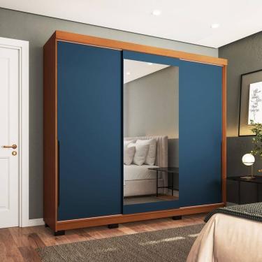 Imagem de Guarda-roupa Casal 3 Portas Correr com Espelho Madrid Azul/Freijó