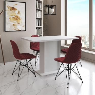 Imagem de Mesa Jantar Londres Tampo Branco 120Cm 4 Cadeiras Ferro Preto Estofado Vermelho
