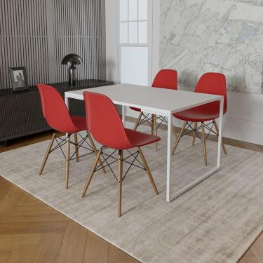 Imagem de Mesa Industrial Base Ferro Branco 137X90 Tampo Branco 4 Cadeiras Eiffel Madeira Assento Vermelho