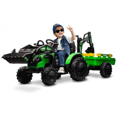 Imagem de Trator Infantil Elétrico GarveeLife Verde 24V 3 em 1 Escavadeira Buldôzer Trailer Controle Remoto Luzes LED Bluetooth
