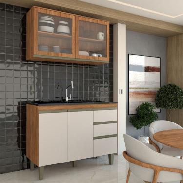Imagem de Cozinha Compacta Modulada 4 Portas 3 Gavetas com Vidro Freijó/Off White - Panorama Móveis