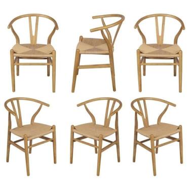 Imagem de Kit 6 Cadeiras de Jantar Wishbone em Madeira com Assento Rattan Bege